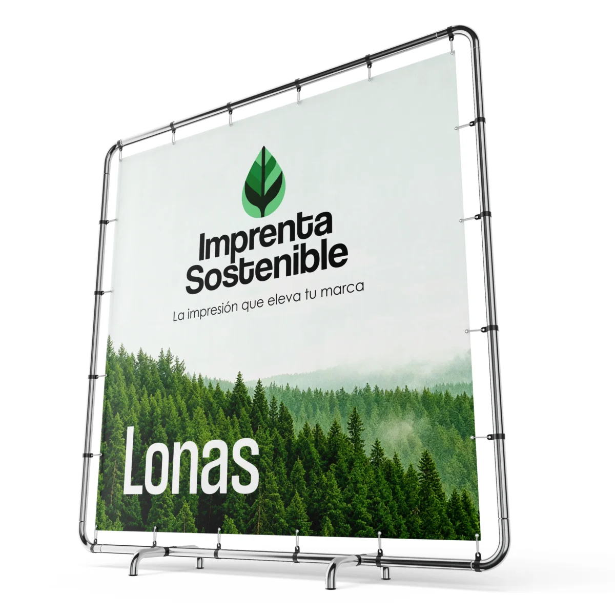 Lonas publicitarias de imprenta sostenible presentada sobre una estructura de metal