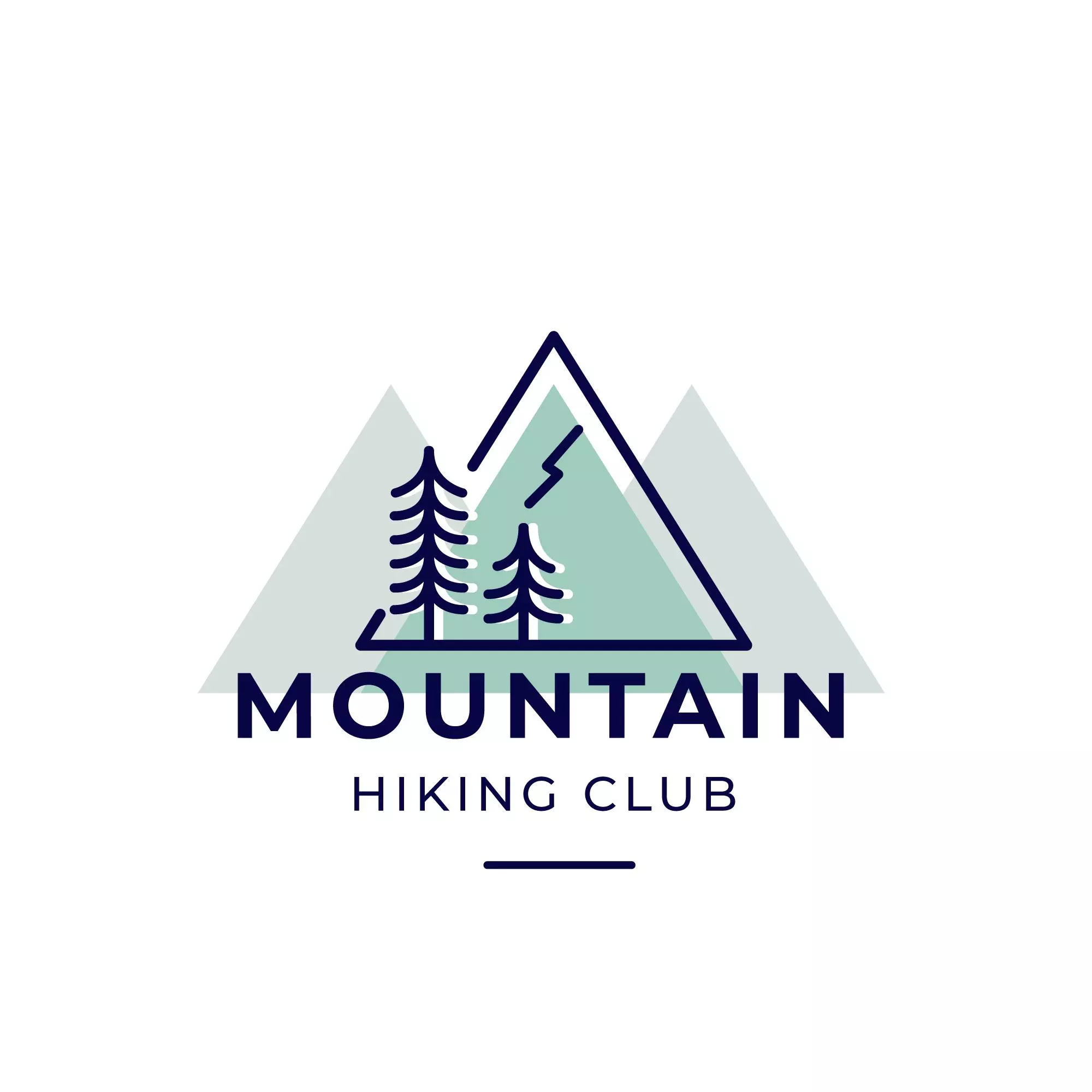 Imagen de un logotipo con estilo minimalista para "Mountain Hiking Club". El diseño presenta tres picos de montaña estilizados en tonos de azul y gris, con un árbol de pino y un rayo integrados en el pico central.