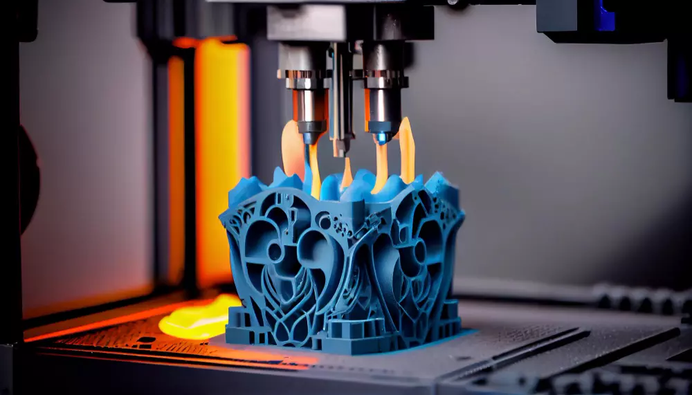 La imagen muestra una impresora 3D en acción, creando una pieza compleja de color azul con un diseño intrincado que parece ser una especie de corona o estructura decorativa. El objeto está siendo impreso sobre una plataforma de impresión con iluminación naranja brillante alrededor, destacando la precisión y el detalle del proceso de impresión. La cabeza de impresión doble, visible en la parte superior, deposita material capa por capa para construir el objeto tridimensional.