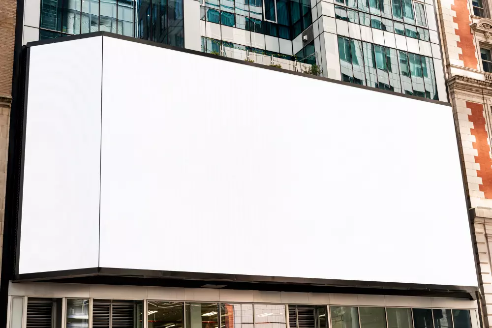 Una gran lona publicitaria en blanco colocada en la fachada de un edificio en un área urbana, lista para ser utilizada para anuncios publicitarios. La imagen muestra una estructura moderna con ventanas y detalles arquitectónicos alrededor de la lona.