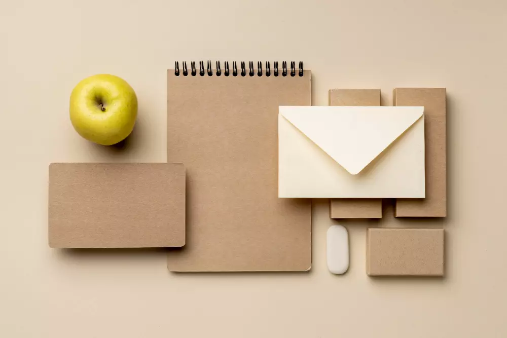 Conjunto de papelería corporativa sobre una superficie beige, incluyendo un cuaderno con espiral, sobres, tarjetas de presentación, una goma de borrar, y una manzana verde, todos en tonos neutros y naturales, representando un diseño minimalista y ecológico.