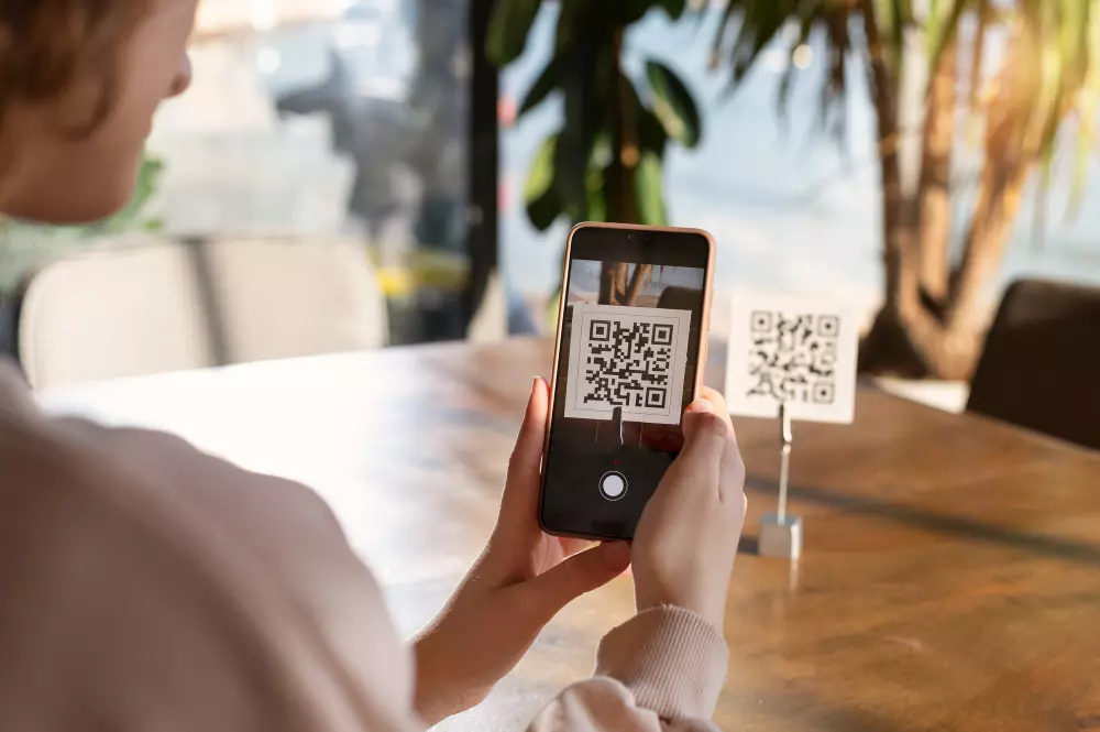 Persona utilizando un smartphone para escanear un código QR colocado en una mesa, ilustrando la integración de elementos digitales en entornos físicos mediante el uso de códigos QR en materiales impresos, como menús o información promocional en un restaurante.