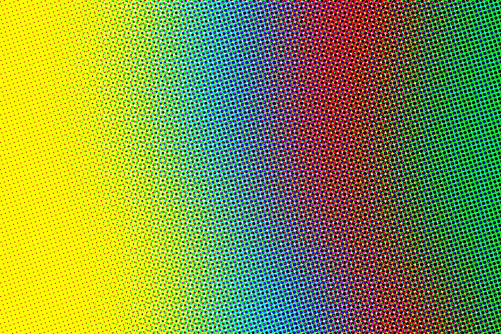 Imagen de una trama de puntos de colores que se desvanecen de amarillo a verde, rojo y azul, representando la composición de imágenes rasterizadas, donde los píxeles forman una cuadrícula de colores para crear una imagen completa.