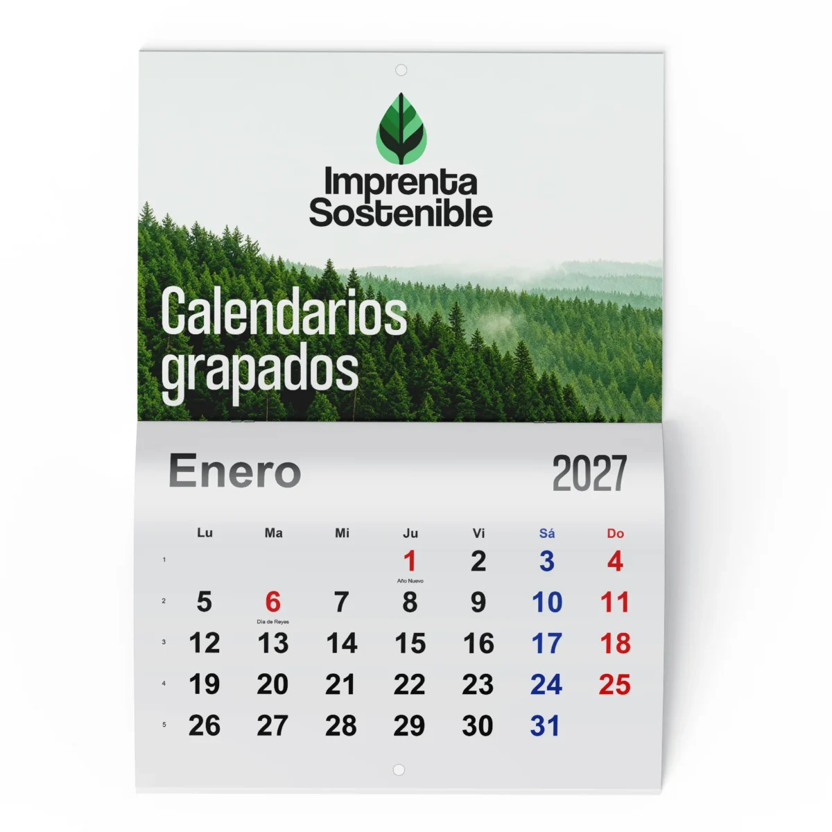 Ejemplo de un calendario grapado de pared con taladro para colgar