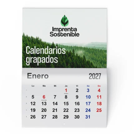 Ejemplo de un calendario grapado de pared con taladro para colgar
