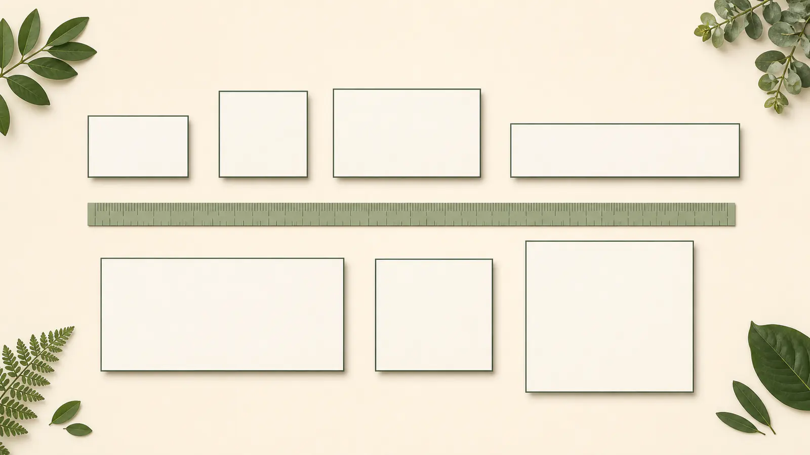 Siete siluetas de postales rectangulares y cuadradas ordenadas en dos filas junto a una regla.