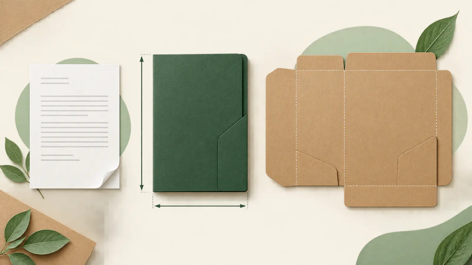 Documento, carpeta verde cerrada con flechas de medida y desarrollo abierto de una carpeta sobre fondo claro.