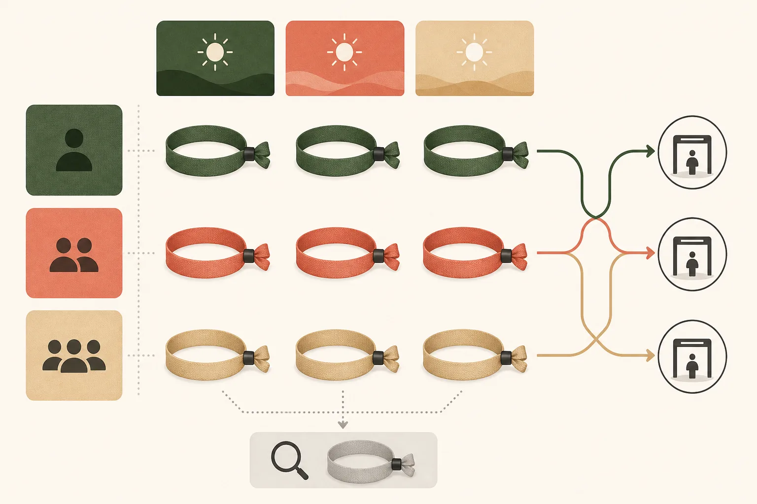 Matriz visual de pulseras por grupos, días y accesos