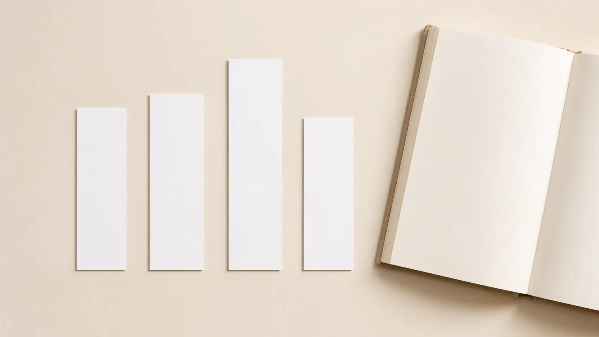 Cuatro marcapáginas blancos de distintas proporciones colocados junto a un libro abierto.