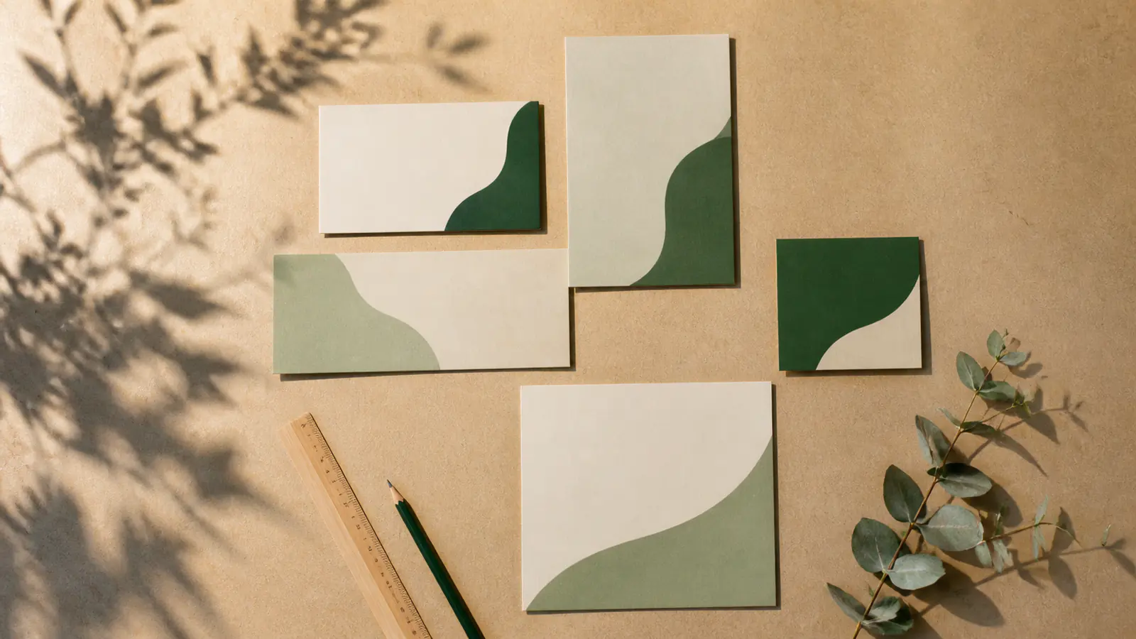 Cinco postales en formatos rectangulares y cuadrados sobre una mesa con regla, lápiz y hojas verdes.