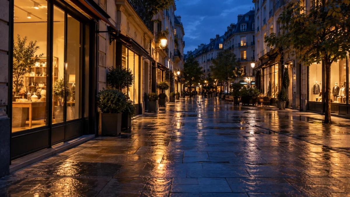Calle peatonal al anochecer con escaparates iluminados y reflejos cálidos sobre el pavimento mojado.