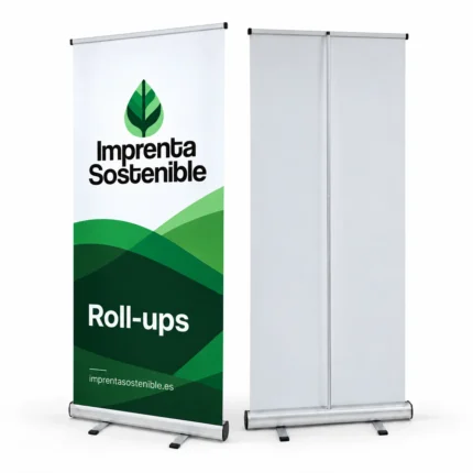 Roll up con gráfica de Imprenta Sostenible, vista frontal impresa y vista trasera de la estructura