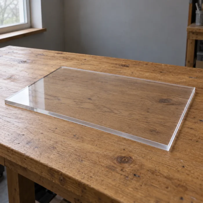 Plancha rectangular de metacrilato transparente de 10 mm sobre una mesa de madera, con el reflejo de una ventana.