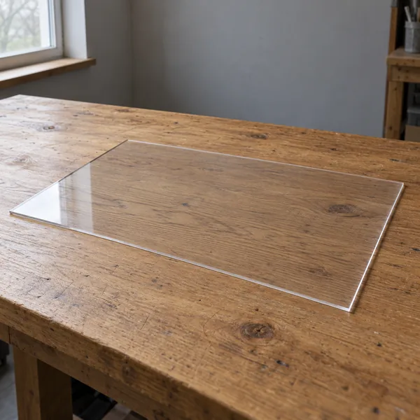 Plancha rectangular de metacrilato transparente de 3 mm sobre una mesa de madera, con el reflejo de una ventana.