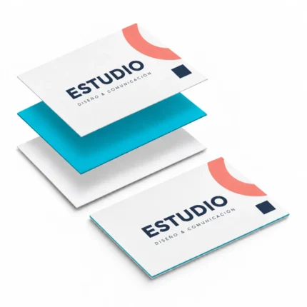 Tres capas separadas con núcleo azul y una tarjeta terminada con diseño geométrico coral y azul marino.